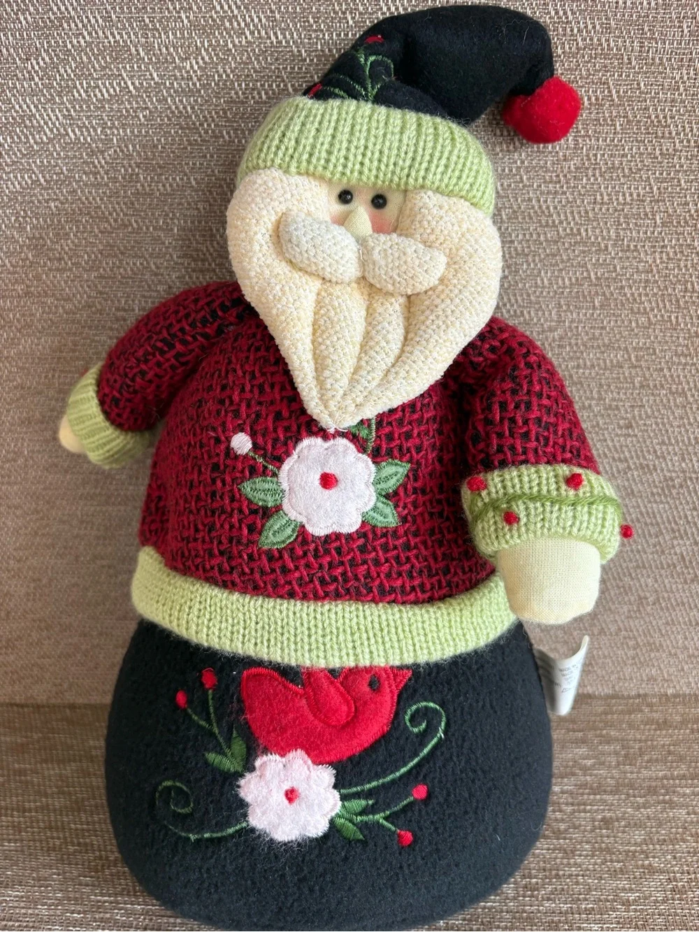 Plush Santa Claus Shelf Sitter Figurine Knit Sweater Embroidered Bird Christmas